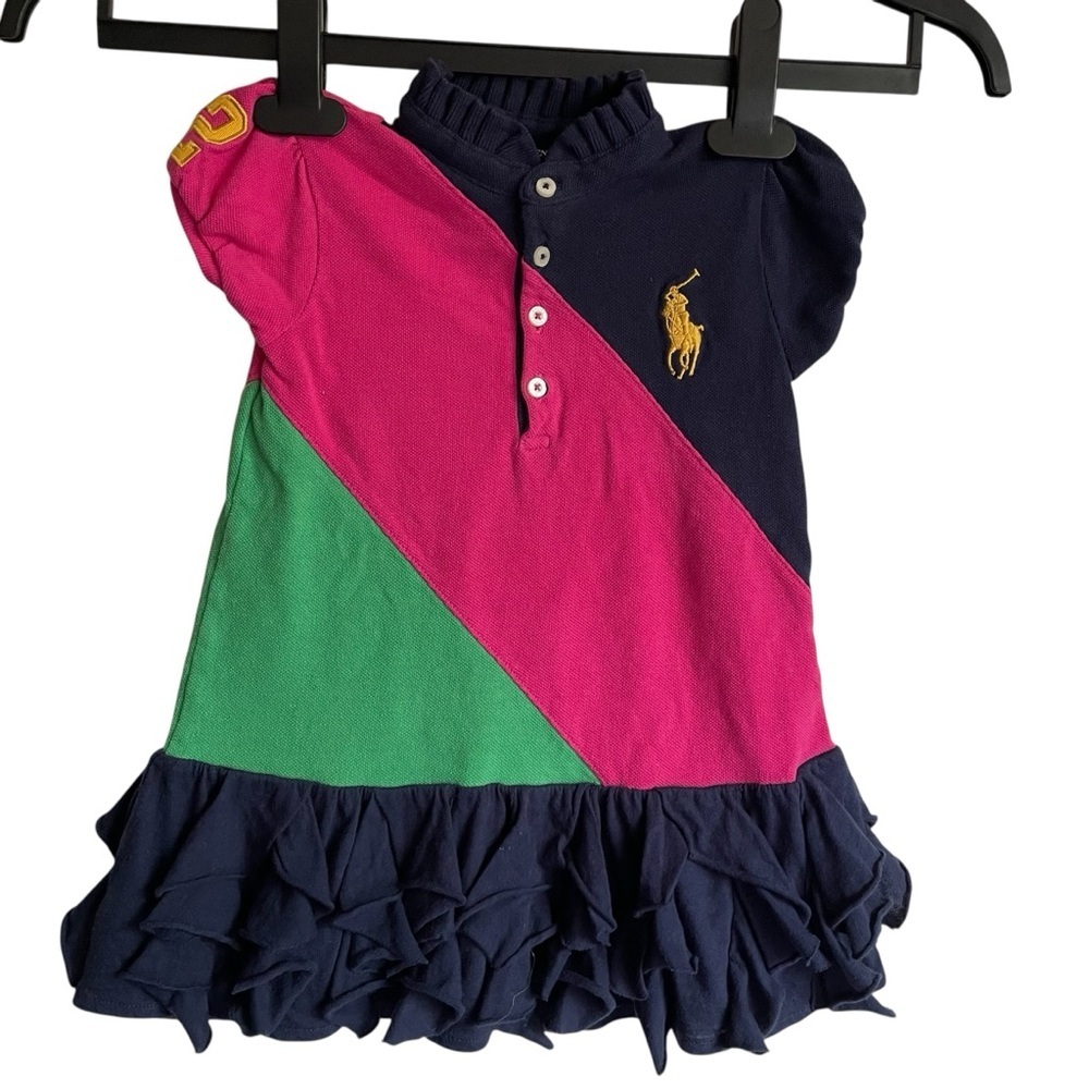 Ralph Lauren Pink and Green Polo Top with Ruffle Hem